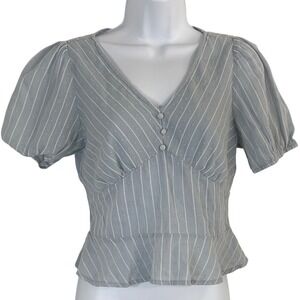 Calista Light Blue Striped Swiss Dot Peplum Top Short Puff Sleeve V-Neck Small